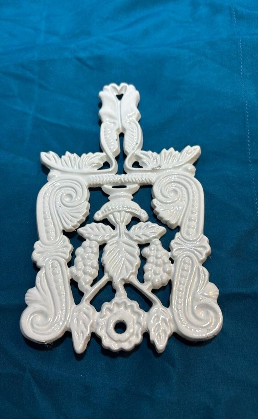 Vintage White Ceramic Trivet with Grape Motif